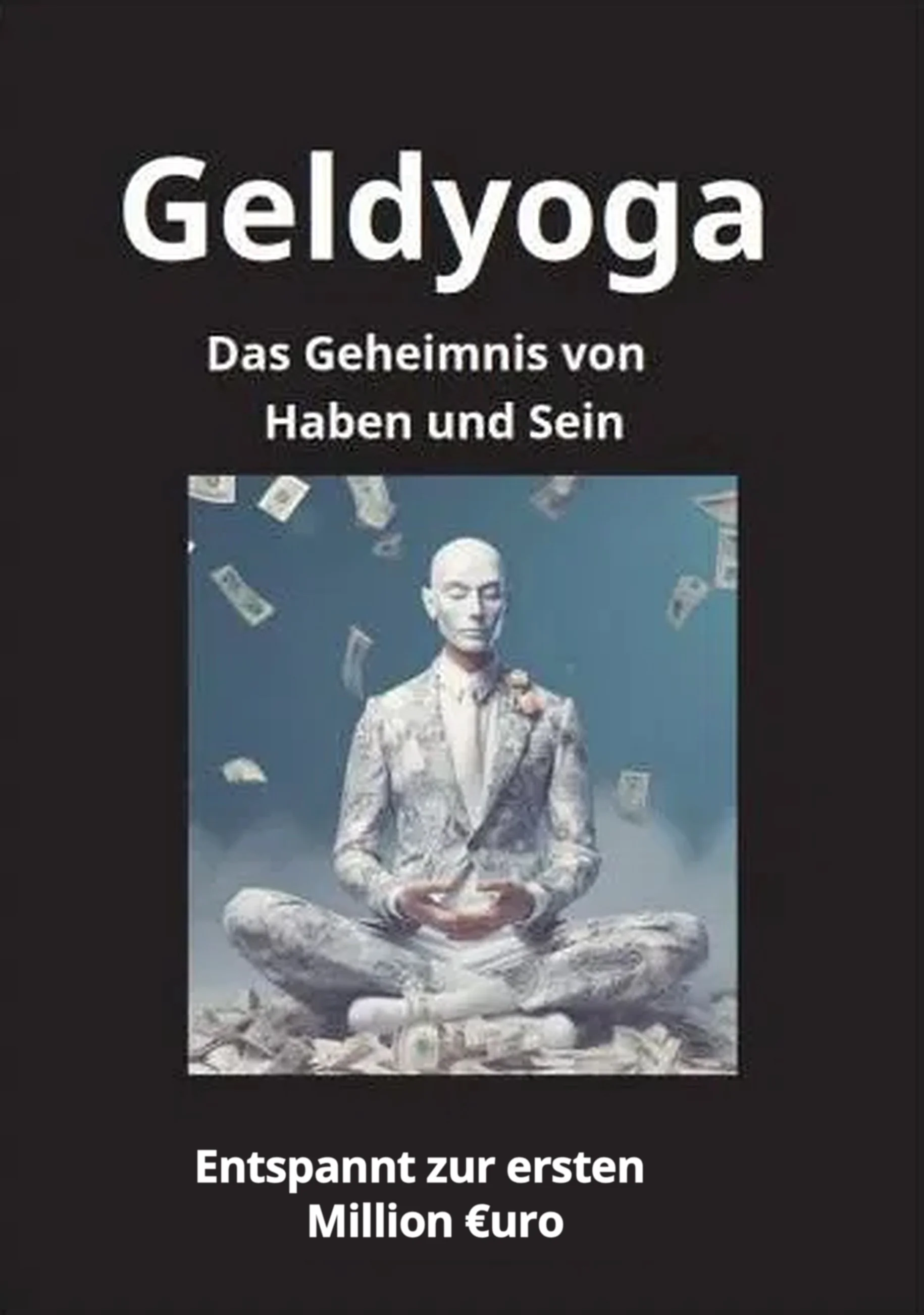 Book cover Money-Yoga – The Secret of Having and Being by Helmut-Whitey Kritzinger: a meditating figure in a suit sits cross-legged on banknotes.